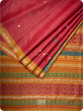 Folded red and mustard handspun tussar silk saree with Airavata Konark design