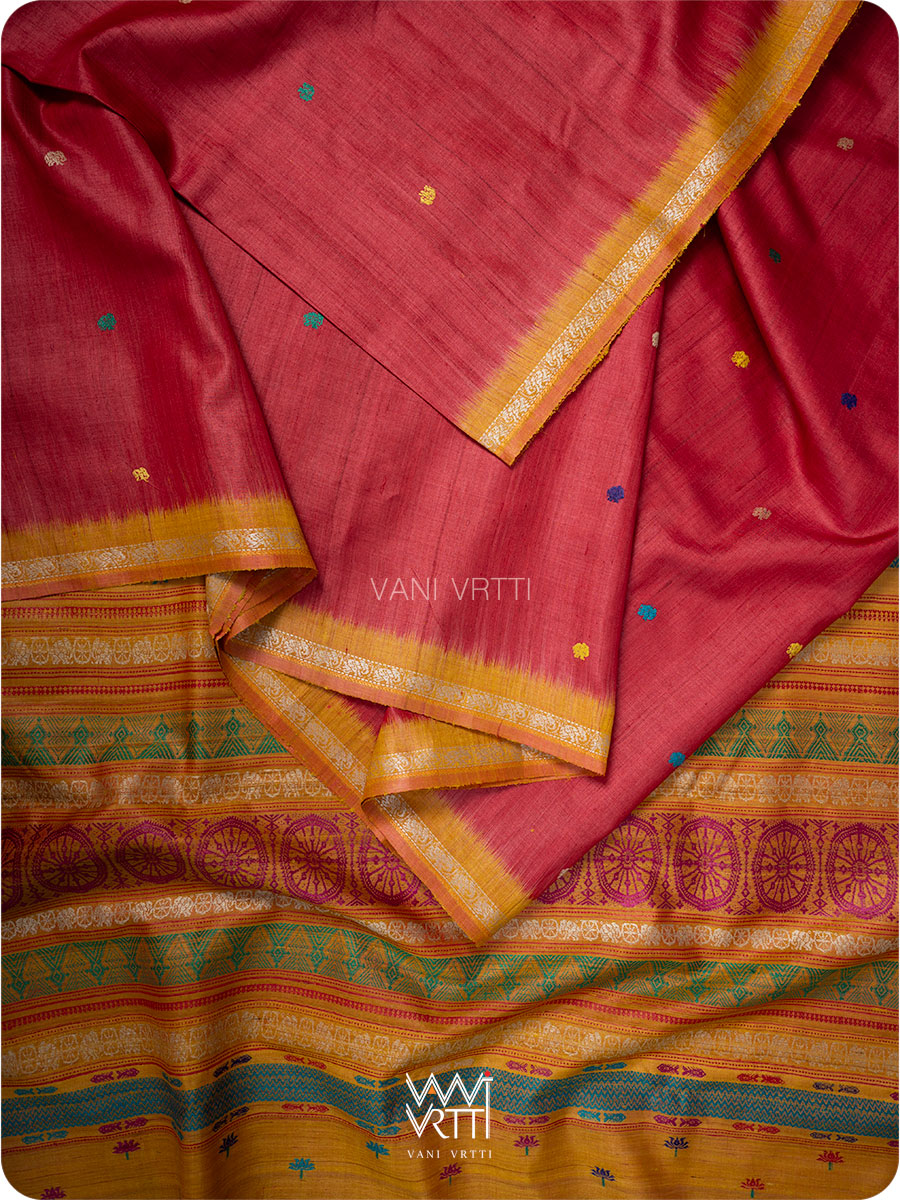 Ikat border close up in red and mustard tussar silk saree