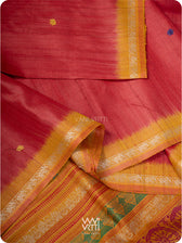 Ikat border detail of red and mustard tussar silk Konark saree