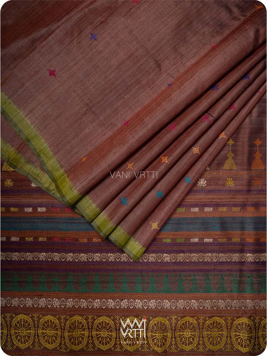 Brown Mehendi green Airavata Konark Handspun Tussar Silk Saree