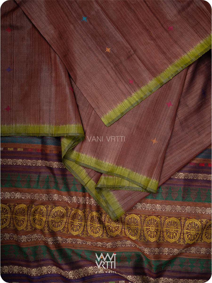 Brown Mehendi green Airavata Konark Handspun Tussar Silk Saree