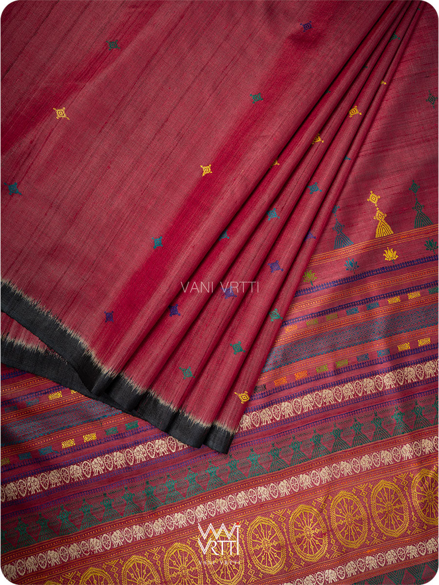 Red Black Airavata Konark Handspun Tussar Silk Saree