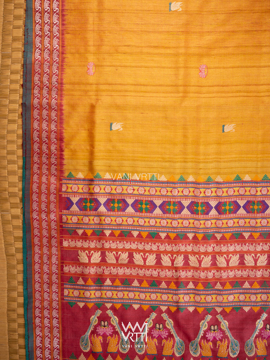 Mango Yellow Green Red Veena Pani Lata Master Weave Exclusive Handspun Tussar Silk Saree