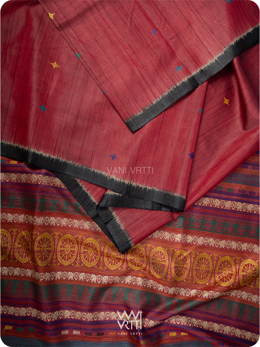 Red Black Airavata Konark Handspun Tussar Silk Saree