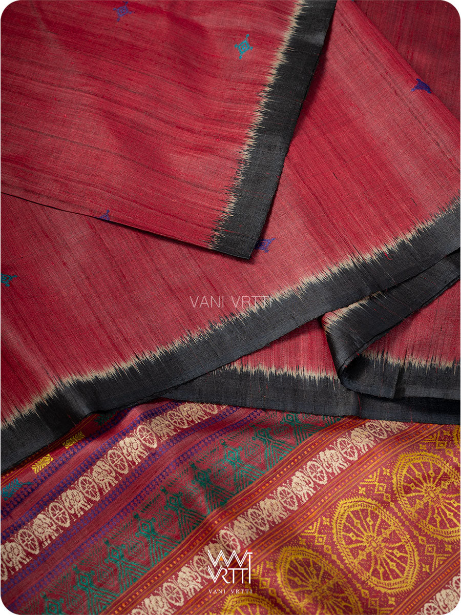 Red Black Airavata Konark Handspun Tussar Silk Saree