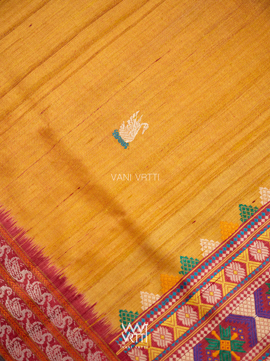 Mango Yellow Green Red Veena Pani Lata Master Weave Exclusive Handspun Tussar Silk Saree
