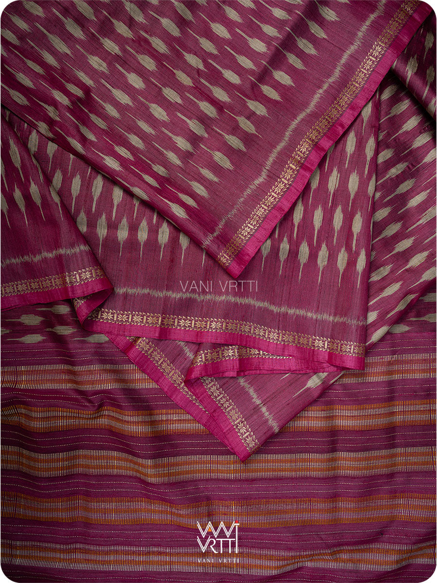 Burgundi Pink  Kadamba Ikat Handspun Tussar Silk Saree