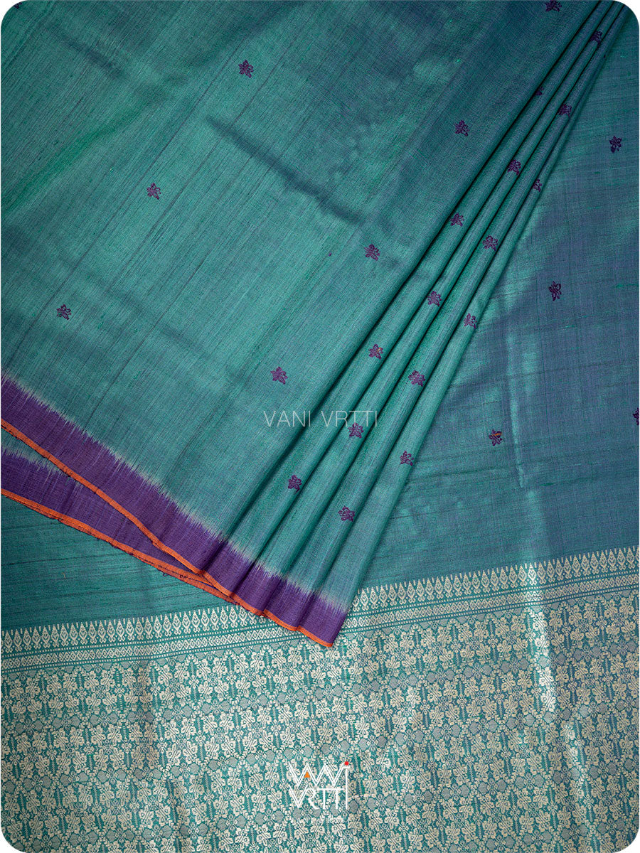 Peacock Green Purple Nabh Butterfly Handspun Tussar Silk Saree