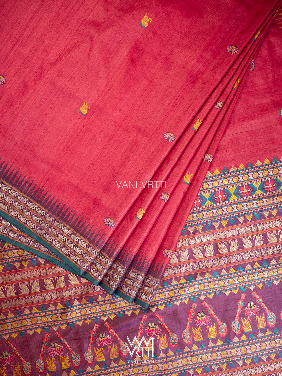 Red Purple Mustard Veena Pani Lata Master Weave Exclusive Handspun Tussar Silk Saree
