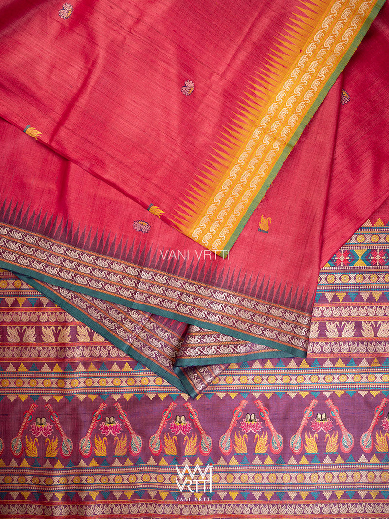 Red Purple Mustard Veena Pani Lata Master Weave Exclusive Handspun Tussar Silk Saree