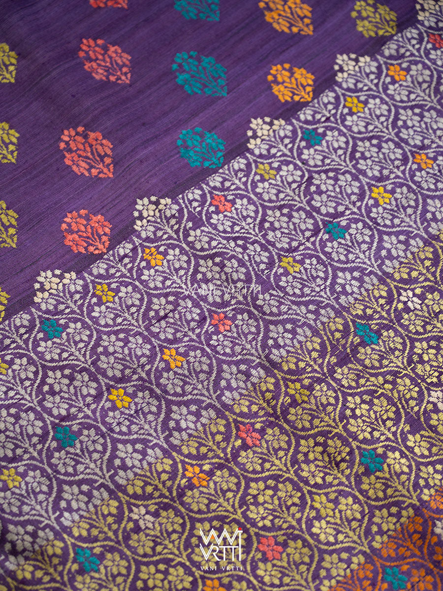 Purple Green Parijat Handspun Tussar Silk Saree
