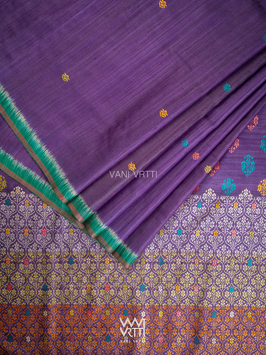Purple Green Parijat Handspun Tussar Silk Saree