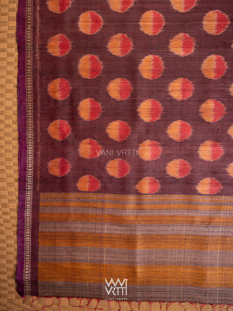 Brown Red Surya Ikat Handspun Tussar Silk Saree