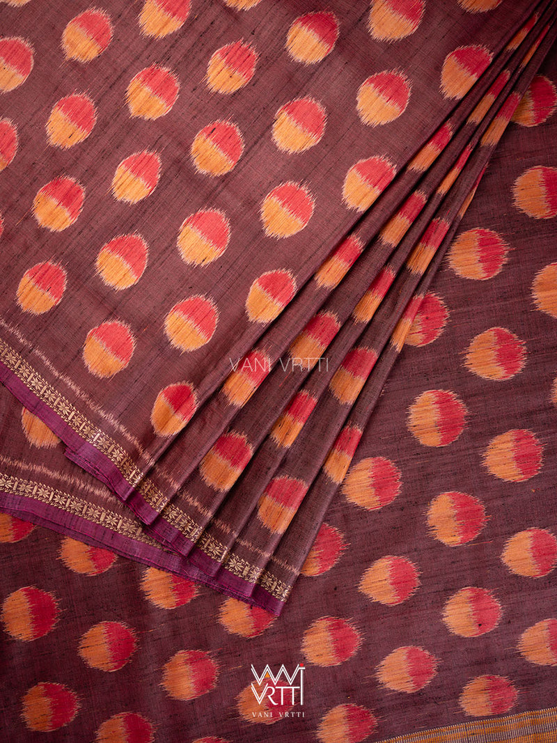 Brown Red Surya Ikat Handspun Tussar Silk Saree