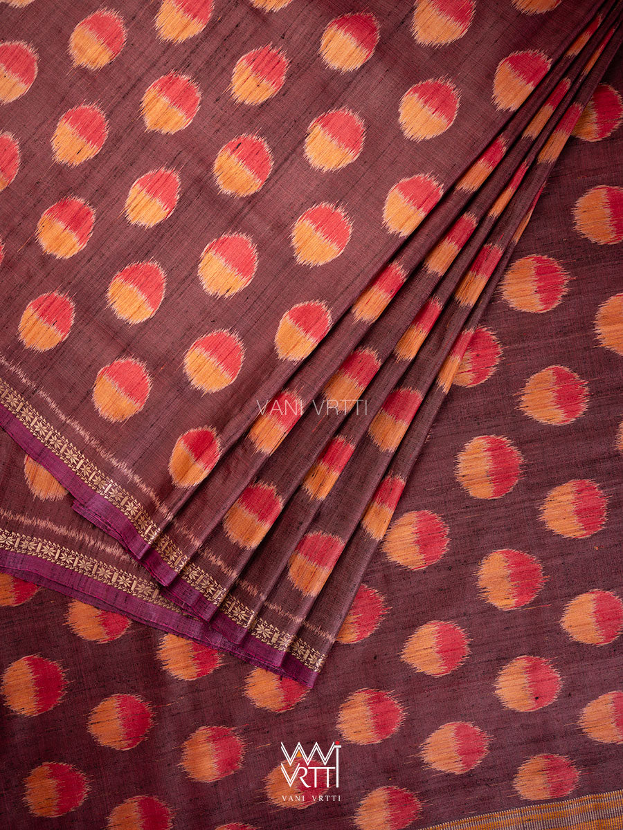 Brown Red Surya Ikat Handspun Tussar Silk Saree