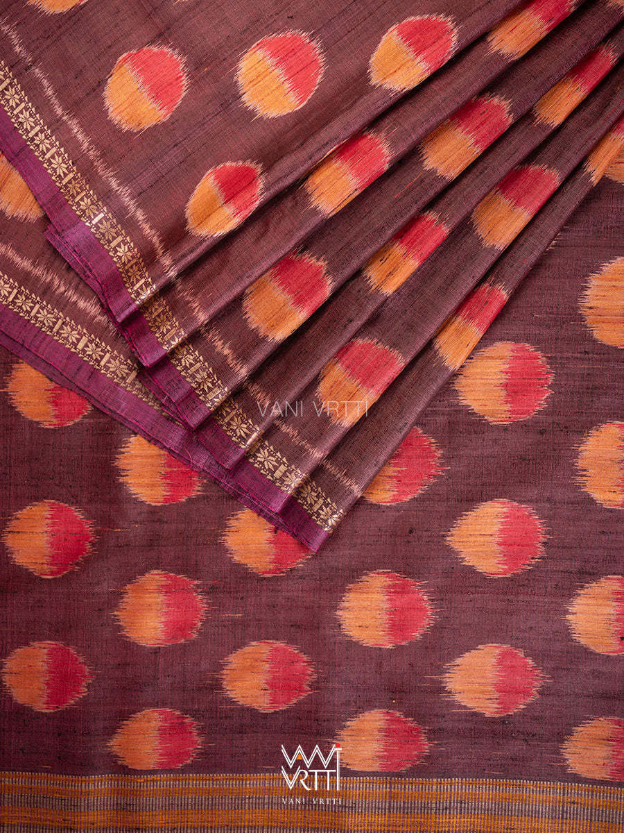 Brown Red Surya Ikat Handspun Tussar Silk Saree