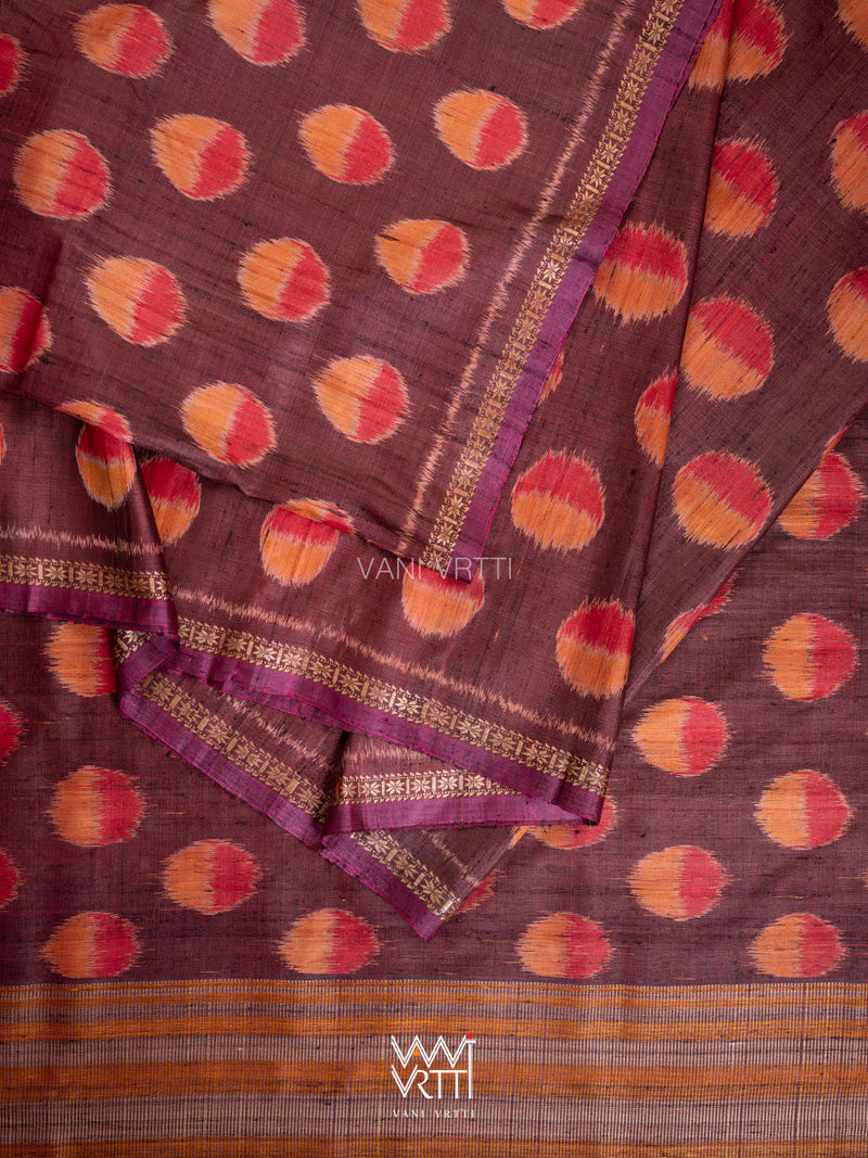 Brown Red Surya Ikat Handspun Tussar Silk Saree