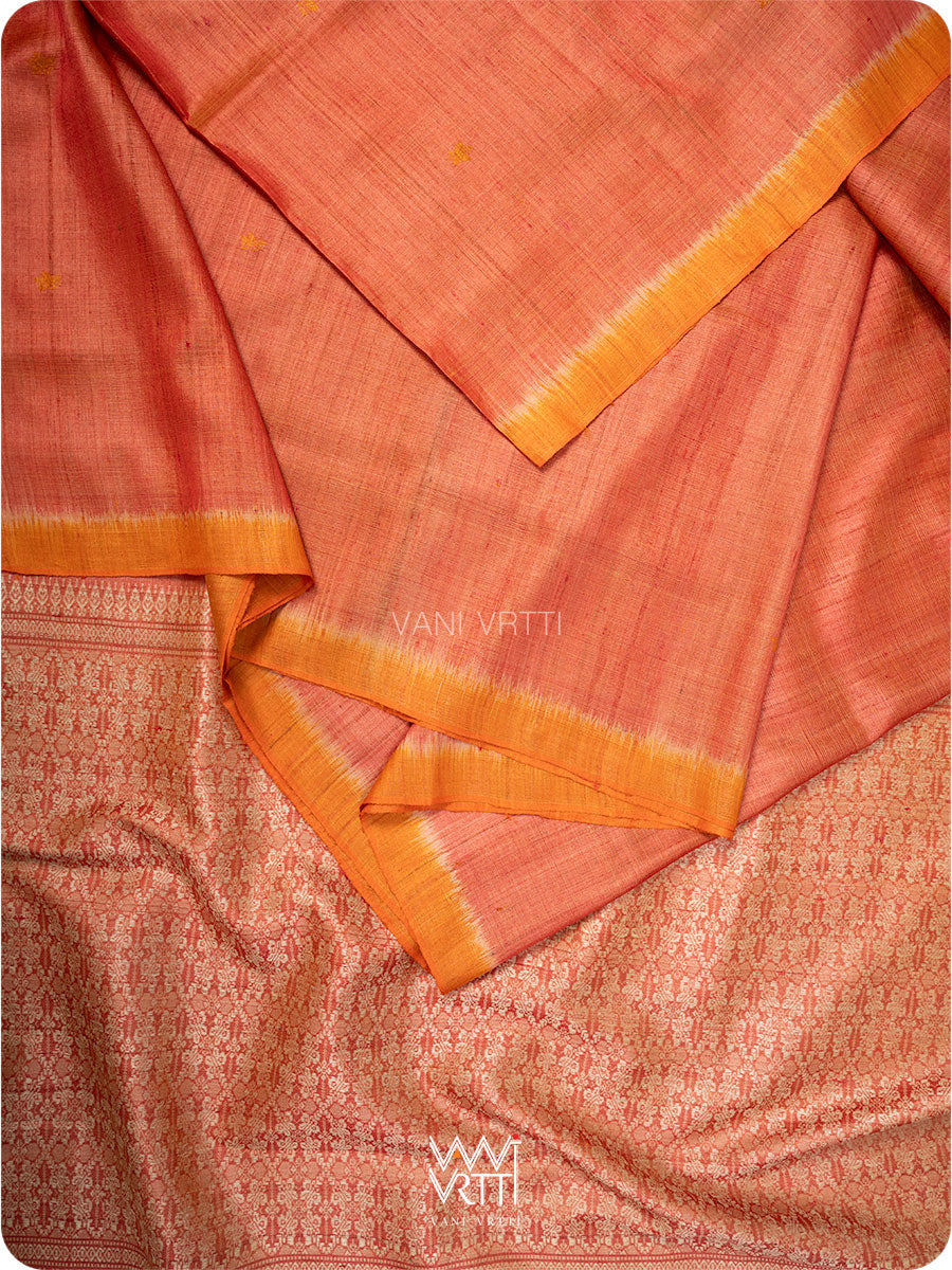 Deep Peach Red Nabh Butterfly Handspun Tussar Silk Saree