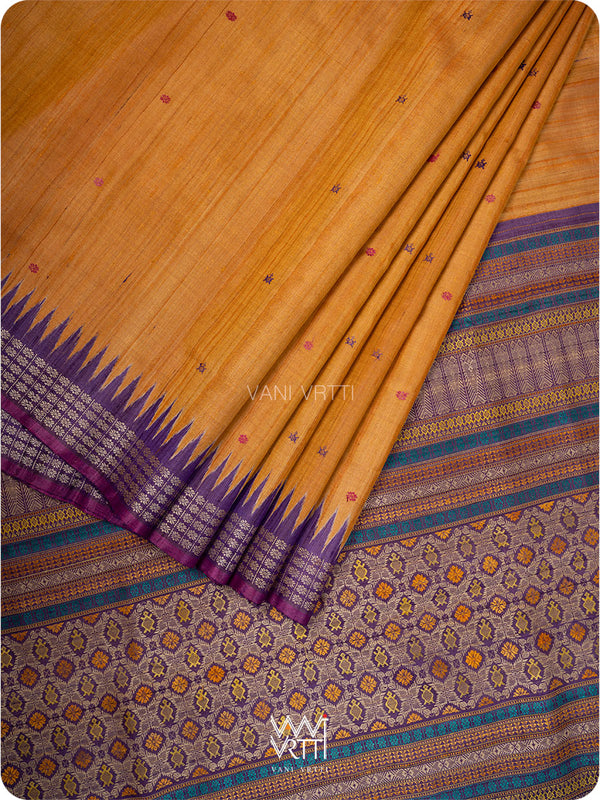 Rust Orange Purple Matsya Kachhap Handspun Tussar Silk Sari
