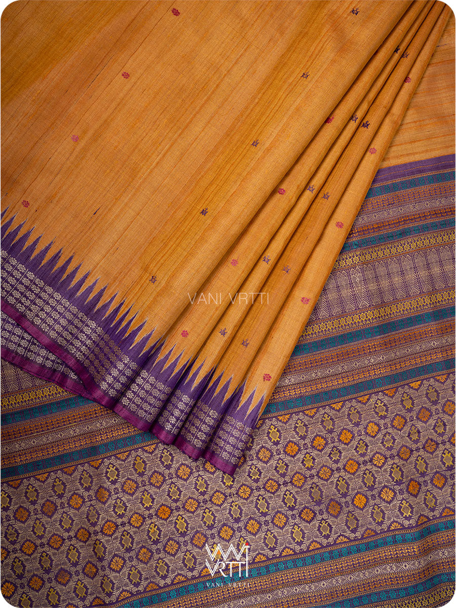 Rust Orange Purple Matsya Kachhap Handspun Tussar Silk Sari
