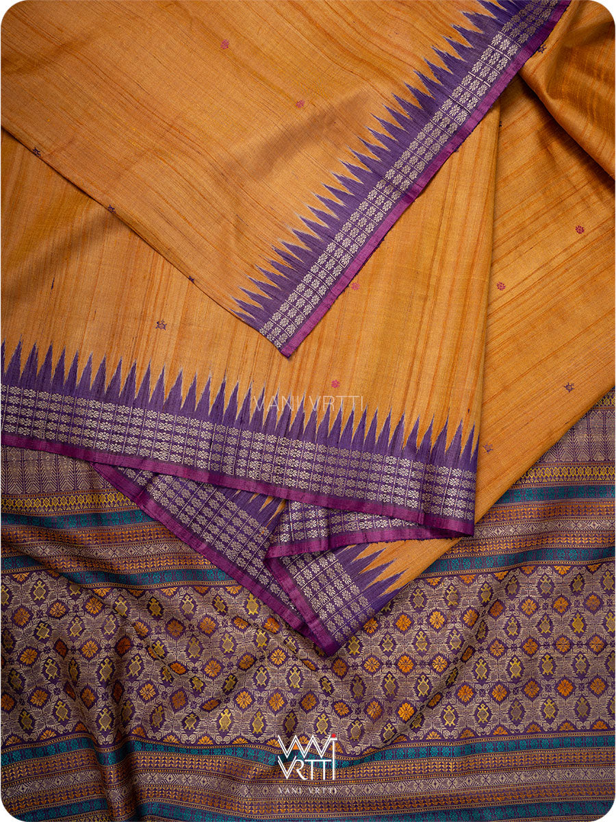 Rust Orange Purple Matsya Kachhap Handspun Tussar Silk Sari