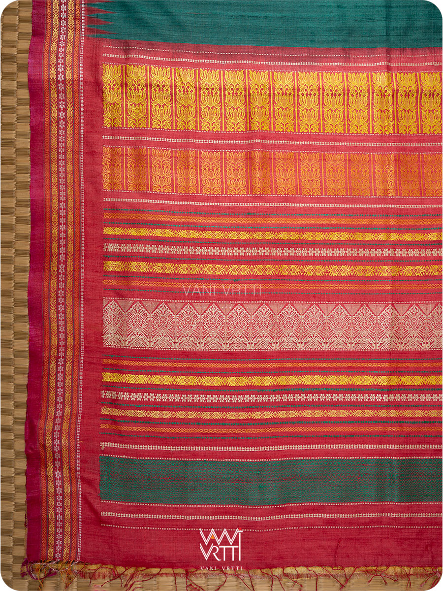 Teal Green Red And Olive Ganga Jamuna Ananta Handspun Tussar Silk Saree