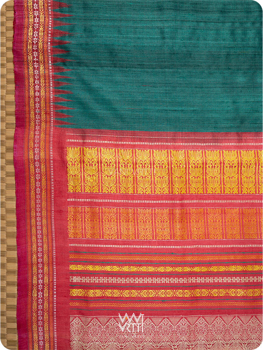 Teal Green Red And Olive Ganga Jamuna Ananta Handspun Tussar Silk Saree