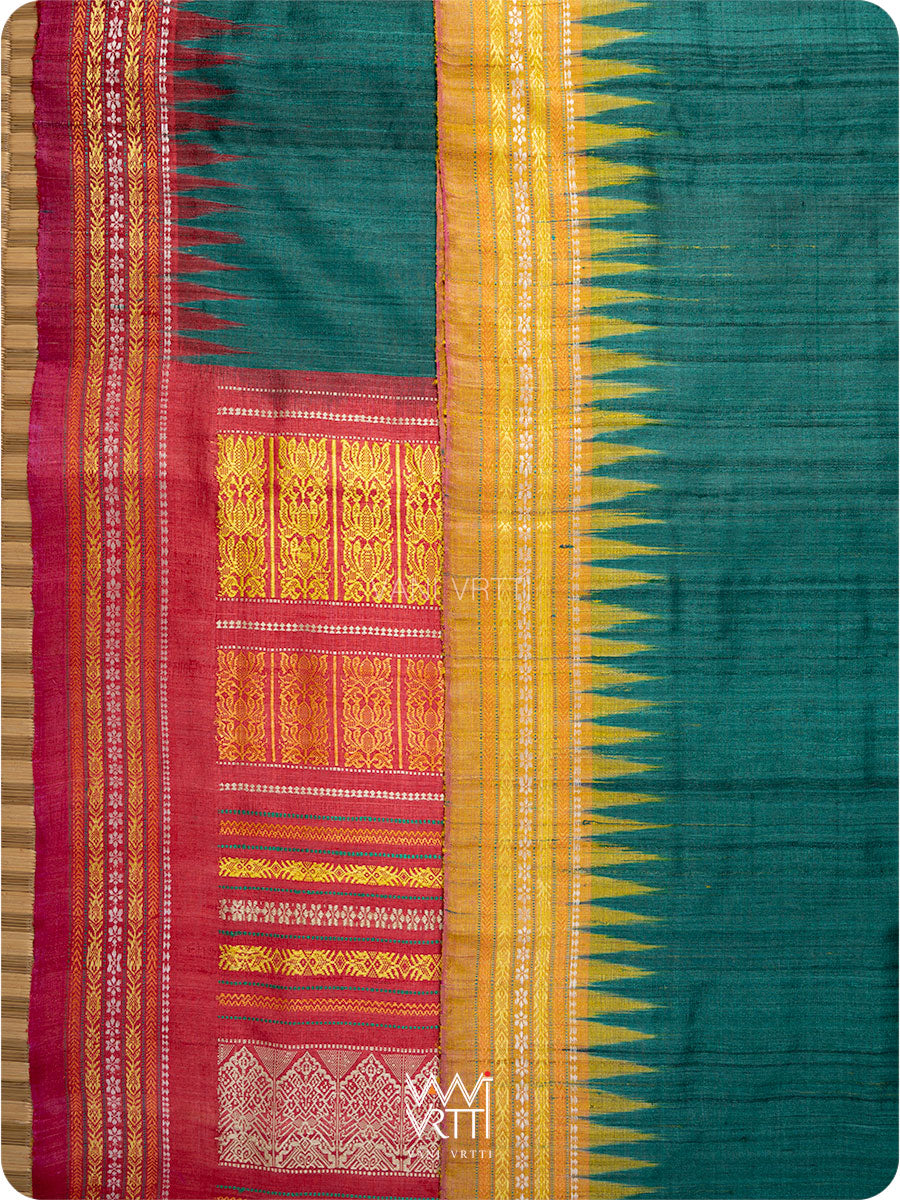 Teal Green Red And Olive Ganga Jamuna Ananta Handspun Tussar Silk Saree