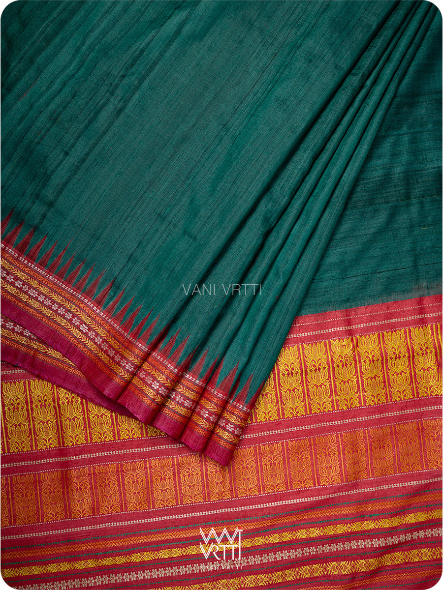 Teal Green Red And Olive Ganga Jamuna Ananta Handspun Tussar Silk Saree