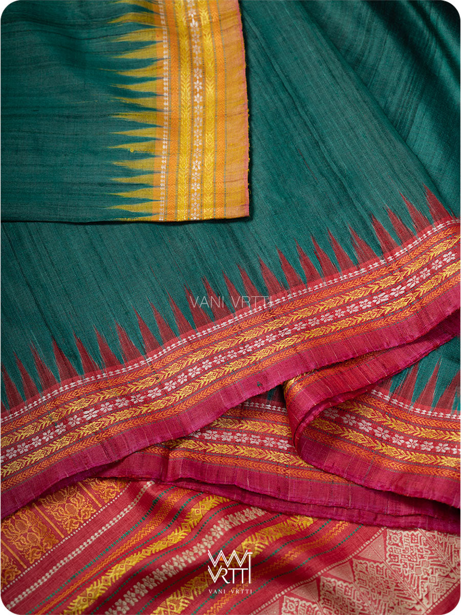 Teal Green Red And Olive Ganga Jamuna Ananta Handspun Tussar Silk Saree