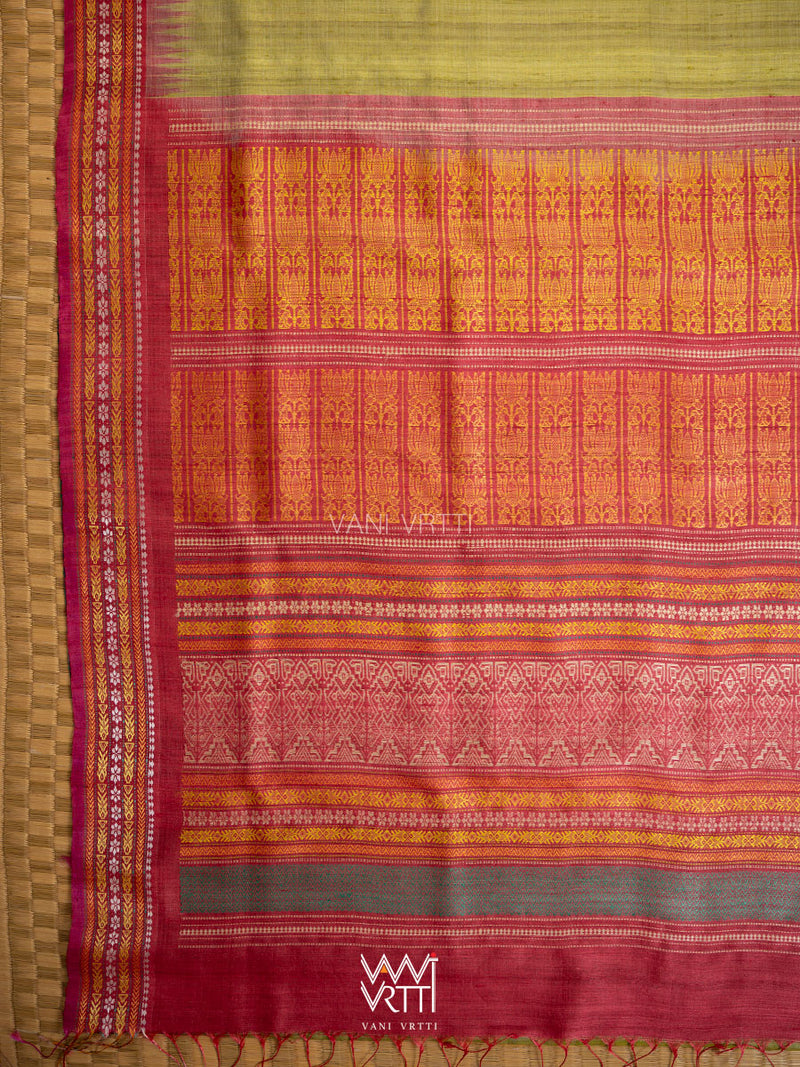 Light Olive Green Red Ganga Jamuna Ananta Handspun Tussar Silk Saree