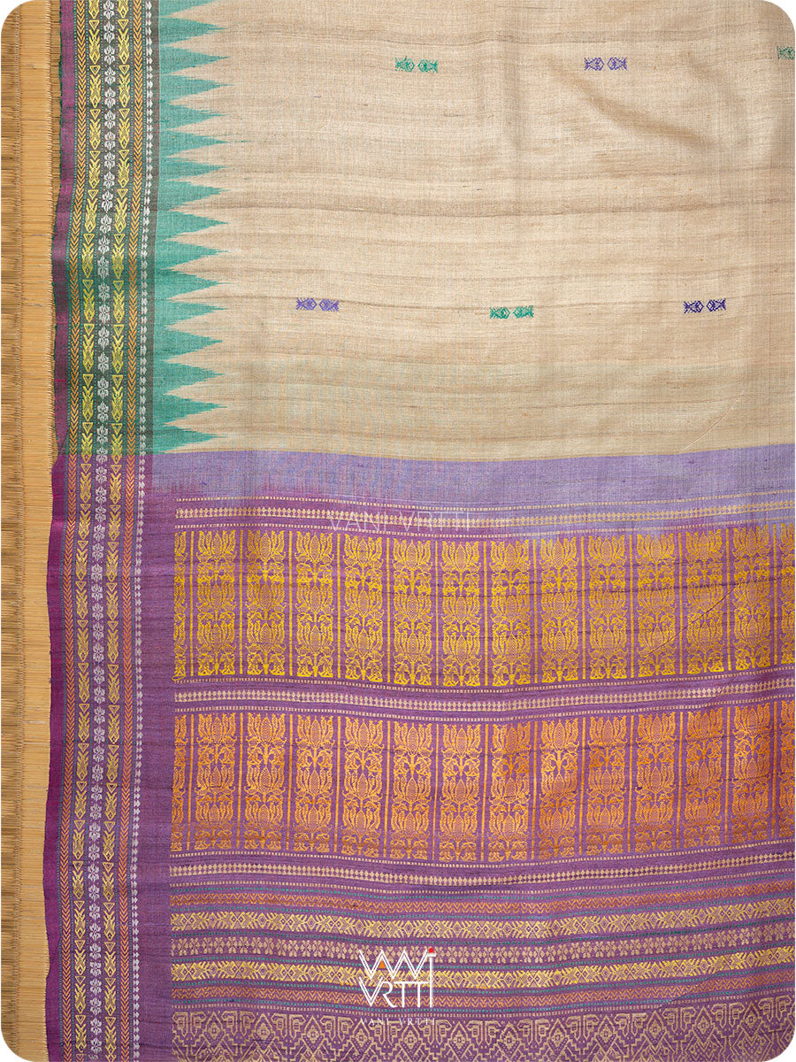 Off White Purple Green Ananta Handspun Tussar Silk Sari