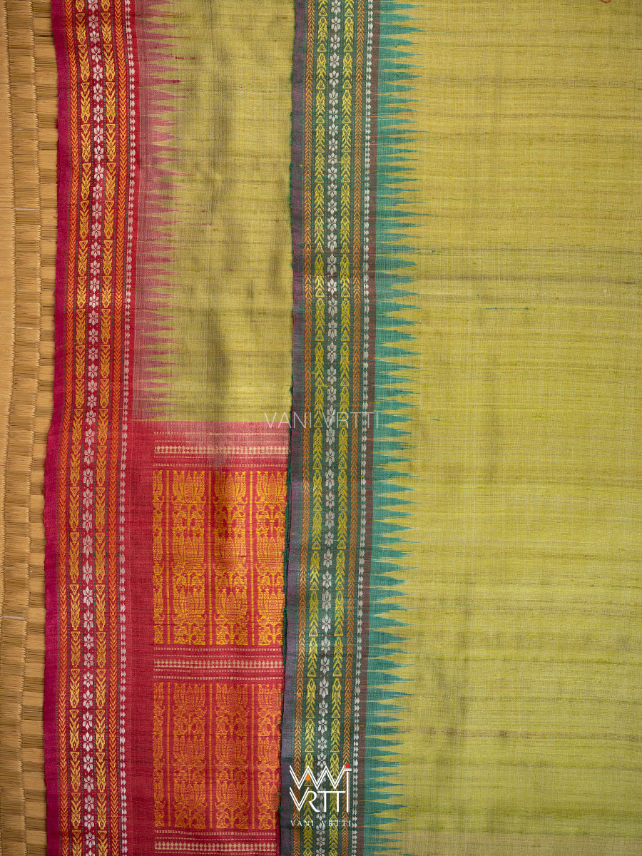 Light Olive Green Red Ganga Jamuna Ananta Handspun Tussar Silk Saree