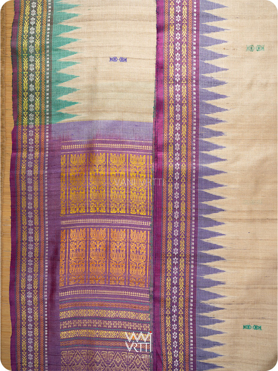 Off White Purple Green Ananta Handspun Tussar Silk Sari