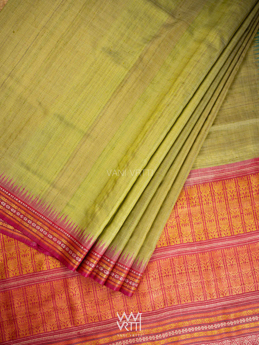 Light Olive Green Red Ganga Jamuna Ananta Handspun Tussar Silk Saree