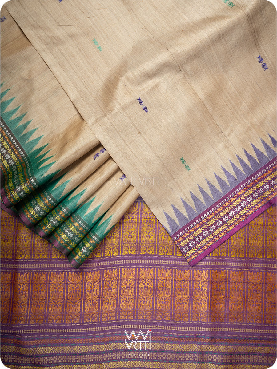 Off White Purple Green Ananta Handspun Tussar Silk Sari