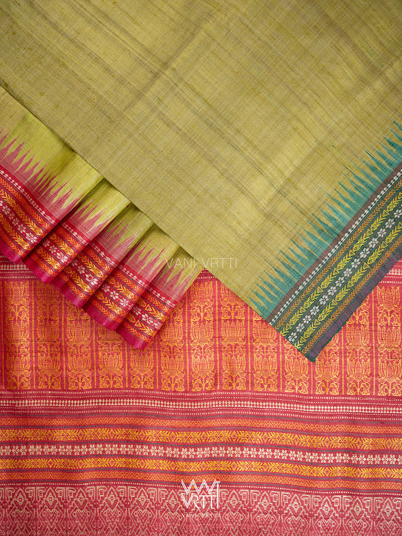 Light Olive Green Red Ganga Jamuna Ananta Handspun Tussar Silk Saree