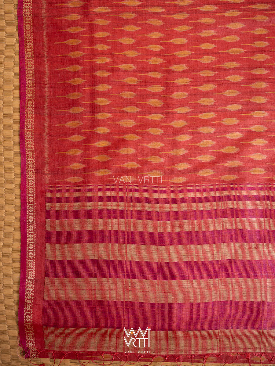 Red Orange Kadamba Ikat Handspun Tussar Silk Saree