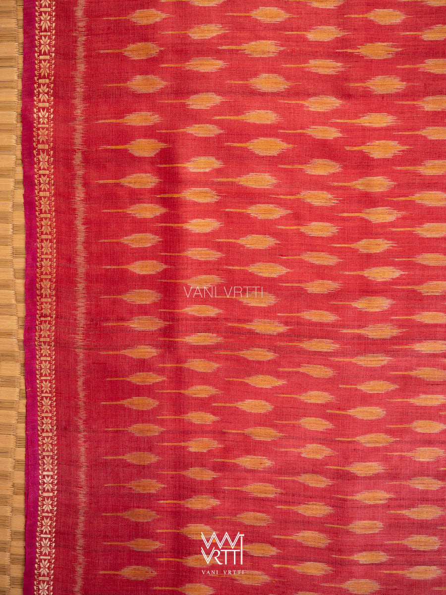 Red Orange Kadamba Ikat Handspun Tussar Silk Saree