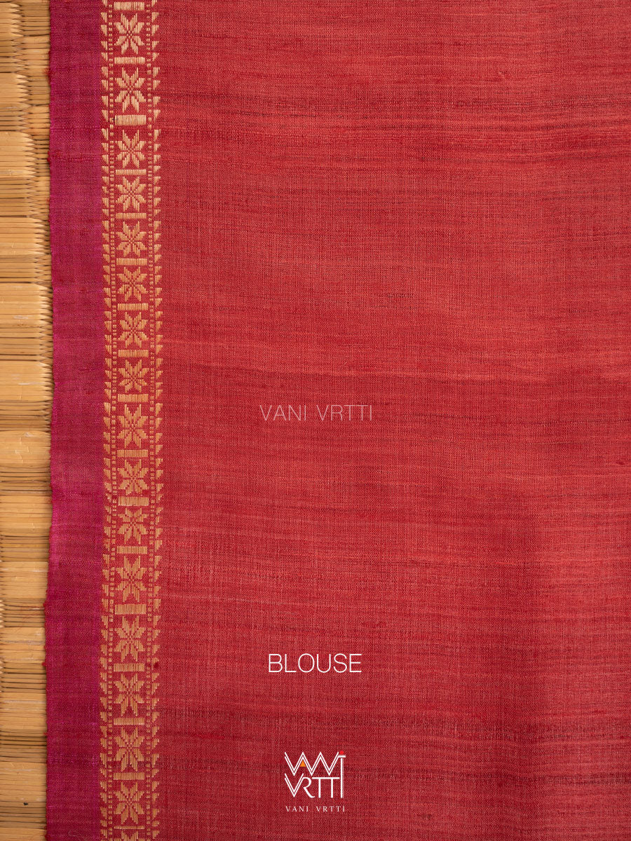 Red Orange Kadamba Ikat Handspun Tussar Silk Saree