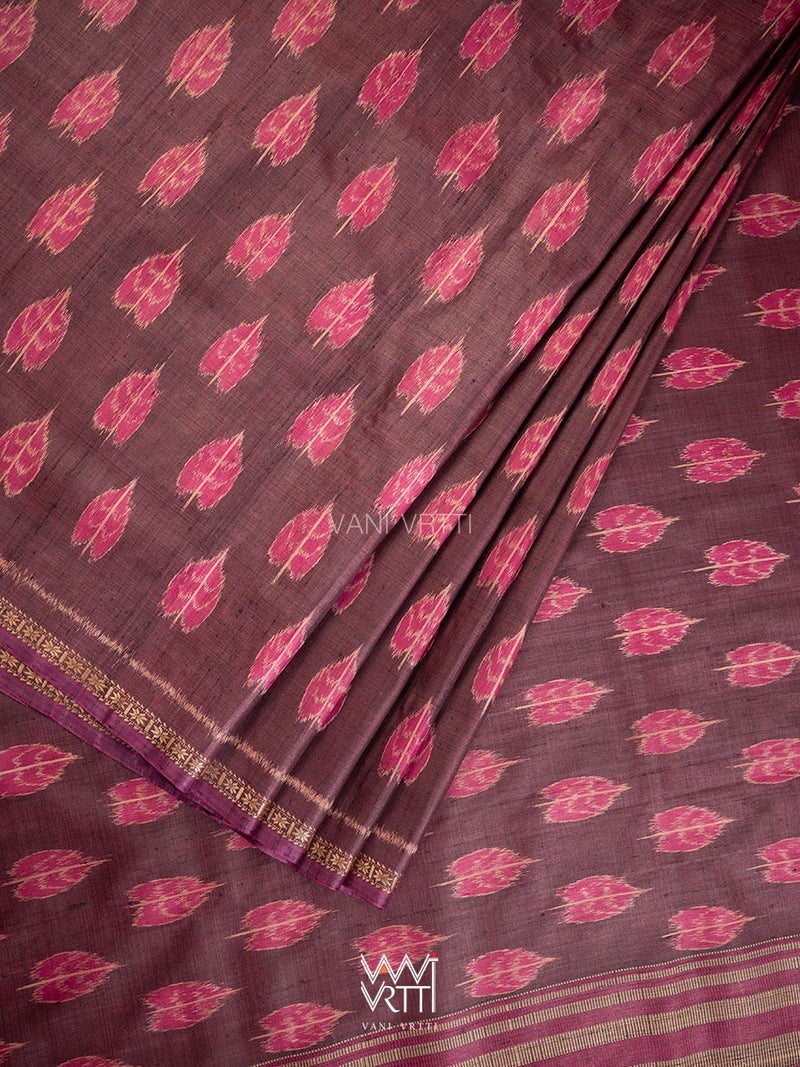 Coffee Pink Peepal Ikat Handspun Tussar Silk Saree