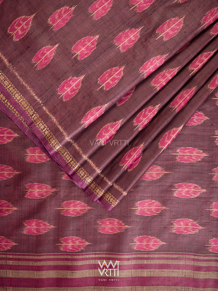 Coffee Pink Peepal Ikat Handspun Tussar Silk Saree