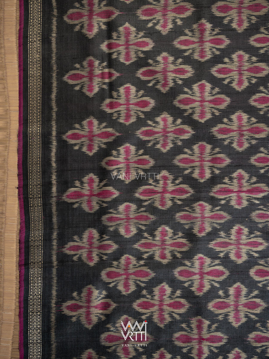 Black Pink Rangan Phool Ikat Handspun Tussar Silk Saree