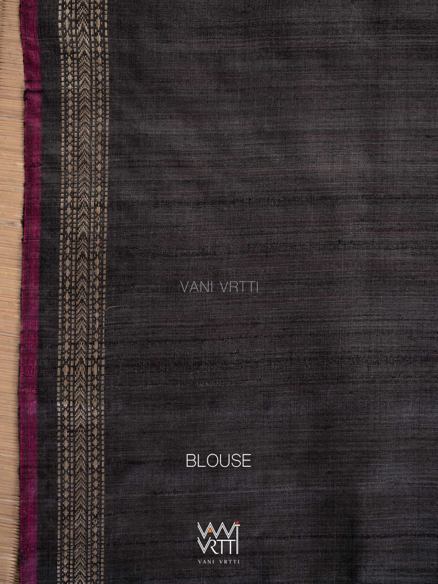 Black Pink Rangan Phool Ikat Handspun Tussar Silk Saree