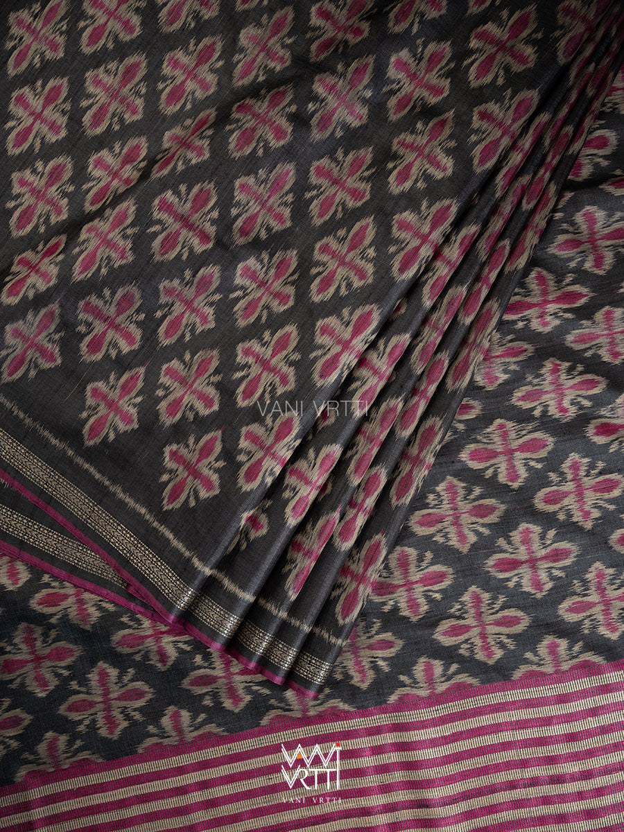 Black Pink Rangan Phool Ikat Handspun Tussar Silk Saree