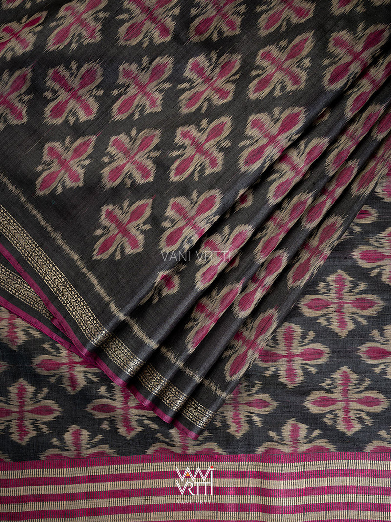 Black Pink Rangan Phool Ikat Handspun Tussar Silk Saree