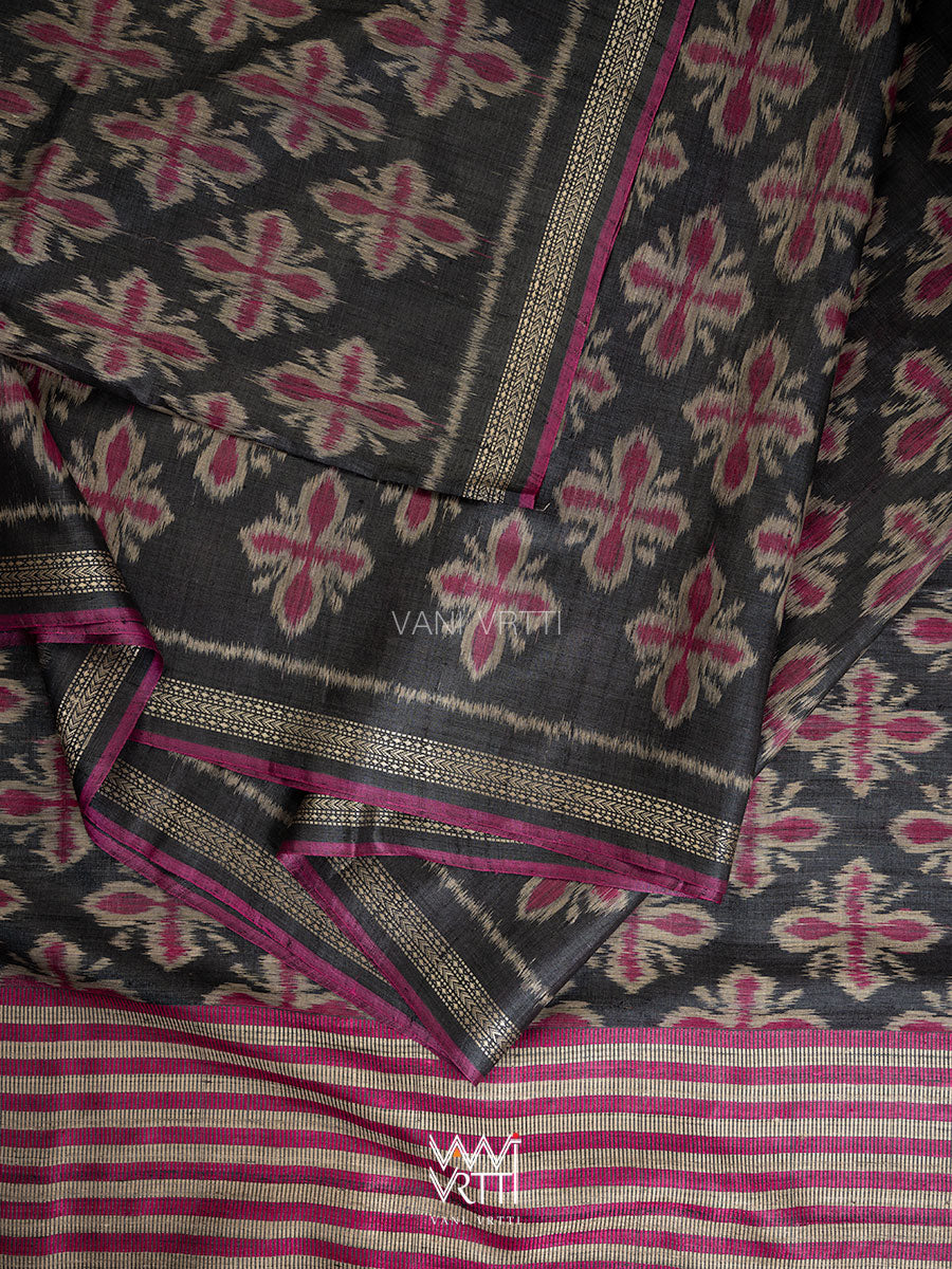 Black Pink Rangan Phool Ikat Handspun Tussar Silk Saree