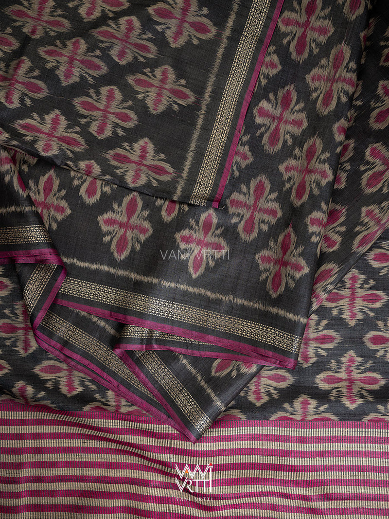 Black Pink Rangan Phool Ikat Handspun Tussar Silk Saree