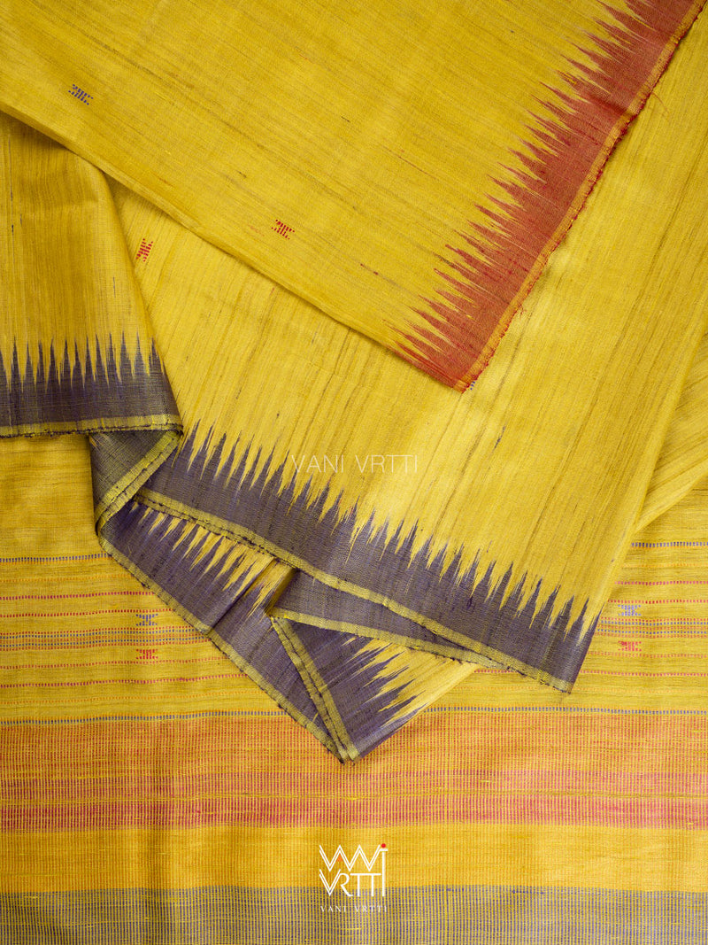 Yellow Lilac Peach Ganga Jamuna Kondha Handspun Tussar Silk Saree