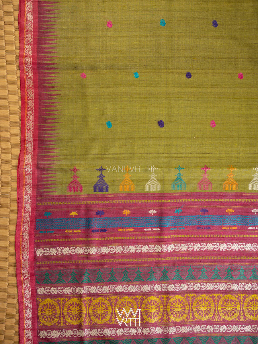 Mehendi Green Magenta  Airavata Konark Double Palla Handspun Tussar Silk Saree